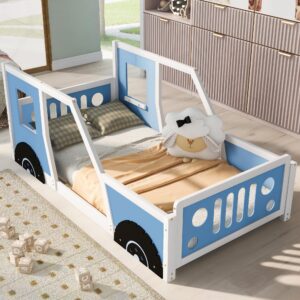 Kids Floor Bed Twin Size Platform Bed with Car-Shaped and Wheels, Wooden Twin Bed Frames with Doors and Windows, Twin Car Bed with Slat Support for Kids Boys Girls, No Box Spring Needed,Blue