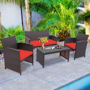 HAPPYGRILL Set of 4 Rattan Conversation Set Outdoor Wicker Furniture Set with Tempered Glass Coffee Table, Soft Cushions, Weather-Resistant Rattan Chair Set for Garden Backyard Poolside