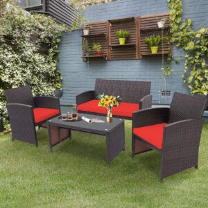 HAPPYGRILL Set of 4 Rattan Conversation Set Outdoor Wicker Furniture Set with Tempered Glass Coffee Table, Soft Cushions, Weather-Resistant Rattan Chair Set for Garden Backyard Poolside