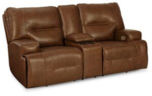 signature design by ashley francesca modern tufted leather power reclining loveseat with console and adjustable headrest, dark brown