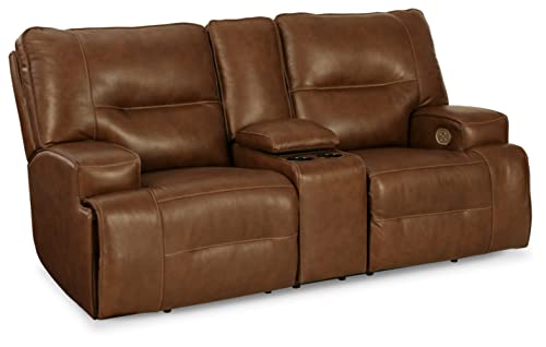 Signature Design by Ashley Francesca Modern Tufted Leather Power Reclining Loveseat with Console and Adjustable Headrest, Dark Brown