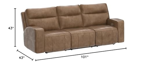 Signature Design by Ashley Game Plan Contemporary Tufted Leather Power Reclining Sofa with Adjustable Headrest, Light Brown