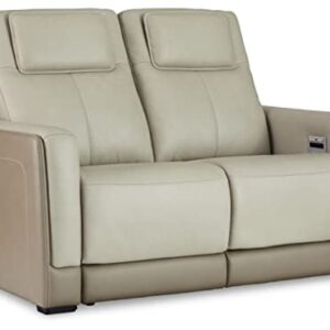 Signature Design by Ashley Battleville Contemporary Leather Power Reclining Loveseat with Adjustable Headrest, Light Gray