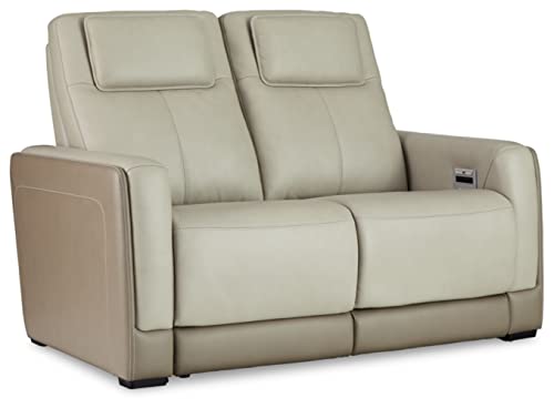 Signature Design by Ashley Battleville Contemporary Leather Power Reclining Loveseat with Adjustable Headrest, Light Gray