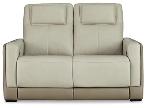 Signature Design by Ashley Battleville Contemporary Leather Power Reclining Loveseat with Adjustable Headrest, Light Gray