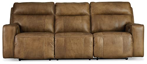 Signature Design by Ashley Game Plan Contemporary Tufted Leather Power Reclining Sofa with Adjustable Headrest, Light Brown