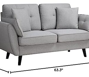 Shintenchi 63" Modern Fabric Loveseat Sofa Couch for Living Room Upholstered 2-Seat Low Back Deep Seat with 4 Pillows Furniture for Bedroom, Office，Studio Easy Assembly Light Grey