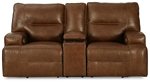 Signature Design by Ashley Francesca Modern Tufted Leather Power Reclining Loveseat with Console and Adjustable Headrest, Dark Brown