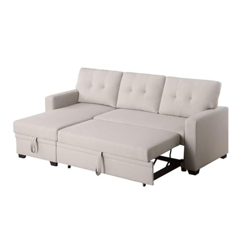 Pemberly Row Polyester Fabric Reversible Sleeper Sectional Sofa in Beige