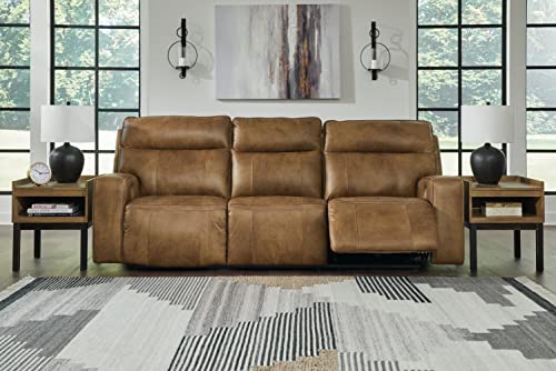 Signature Design by Ashley Game Plan Contemporary Tufted Leather Power Reclining Sofa with Adjustable Headrest, Light Brown