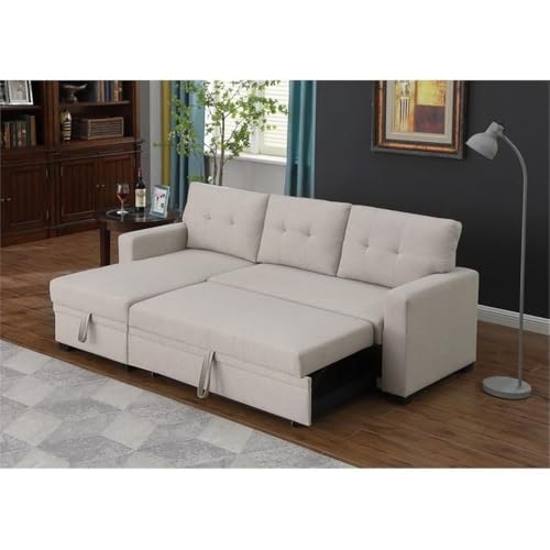 Pemberly Row Polyester Fabric Reversible Sleeper Sectional Sofa in Beige