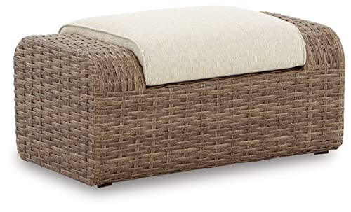 Signature Design by Ashley Sandy Bloom Casual Outdoor Ottoman with Cushion, Dark Brown & Beige