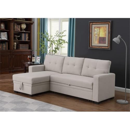 Pemberly Row Polyester Fabric Reversible Sleeper Sectional Sofa in Beige