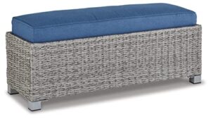 signature design by ashley naples beach casual outdoor bench with cushion, light gray & blue