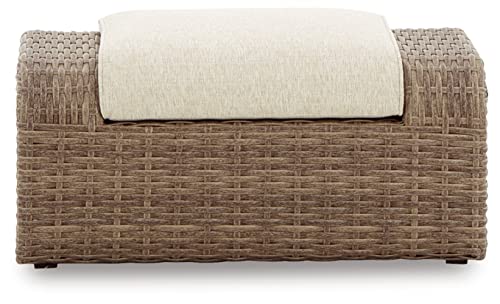 Signature Design by Ashley Sandy Bloom Casual Outdoor Ottoman with Cushion, Dark Brown & Beige