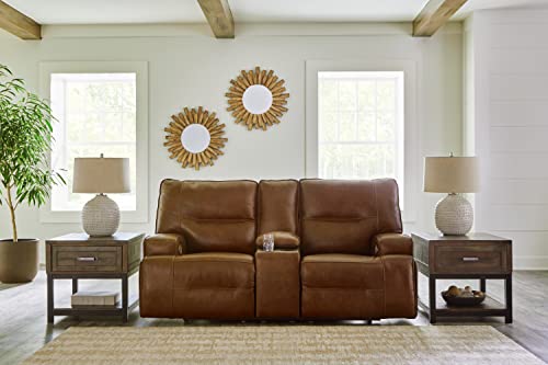 Signature Design by Ashley Francesca Modern Tufted Leather Power Reclining Loveseat with Console and Adjustable Headrest, Dark Brown