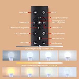 MXhme A19 LED Light Bulbs with Remote Control, 800LM 9W, 60W Equivalent LED Bulbs,Stepless Dimmable 3000K-6000K,E26 Base,CRI 80+,2.4GHz,25000+ Hours Lifespan,Light Bulb for Home Decor,1Bulb&1Remote