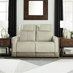 Signature Design by Ashley Battleville Contemporary Leather Power Reclining Loveseat with Adjustable Headrest, Light Gray