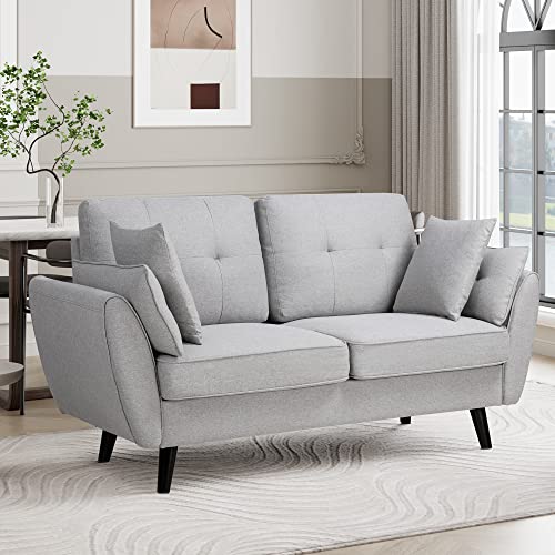 Shintenchi 63" Modern Fabric Loveseat Sofa Couch for Living Room Upholstered 2-Seat Low Back Deep Seat with 4 Pillows Furniture for Bedroom, Office，Studio Easy Assembly Light Grey