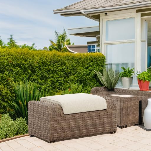 Signature Design by Ashley Sandy Bloom Casual Outdoor Ottoman with Cushion, Dark Brown & Beige