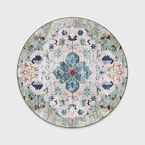 Small Round Boho Rug 2ft Washable Chic Area Rugs Farmhouse Vintage Distressed Circle Floor Mats Carpet for Bedroom Bathroom Entryway