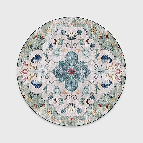 Small Round Boho Rug 2ft Washable Chic Area Rugs Farmhouse Vintage Distressed Circle Floor Mats Carpet for Bedroom Bathroom Entryway