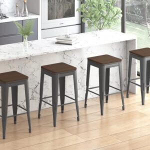 ZAFLY Metal Backless Bar Stool with Wood Seat Industrial Style Counter Height Barstool Indoor Outdoor Stackable Bar Chair, Set of 4, 330lbs Weight Capacity