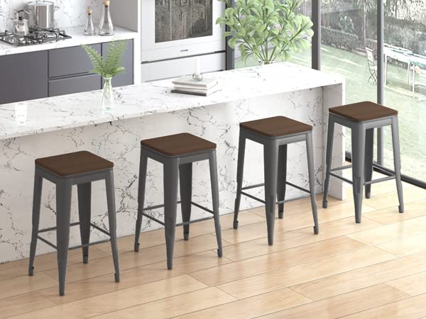 ZAFLY Metal Backless Bar Stool with Wood Seat Industrial Style Counter Height Barstool Indoor Outdoor Stackable Bar Chair, Set of 4, 330lbs Weight Capacity