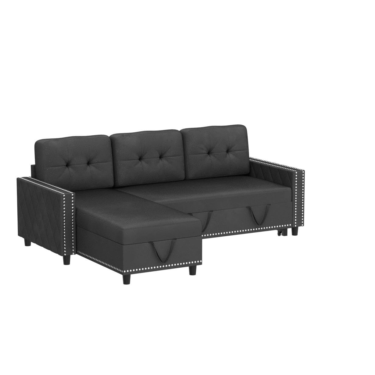 BALUS Sleeper Sofa, Futon Sofa Bed, Pull Out Sleeper Reversible Sectional Couch, Storage Chaise & Couch Bed, L Shape Couch Velvet Sleeper Sofa with Nailheads for Living Room - Dark Grey