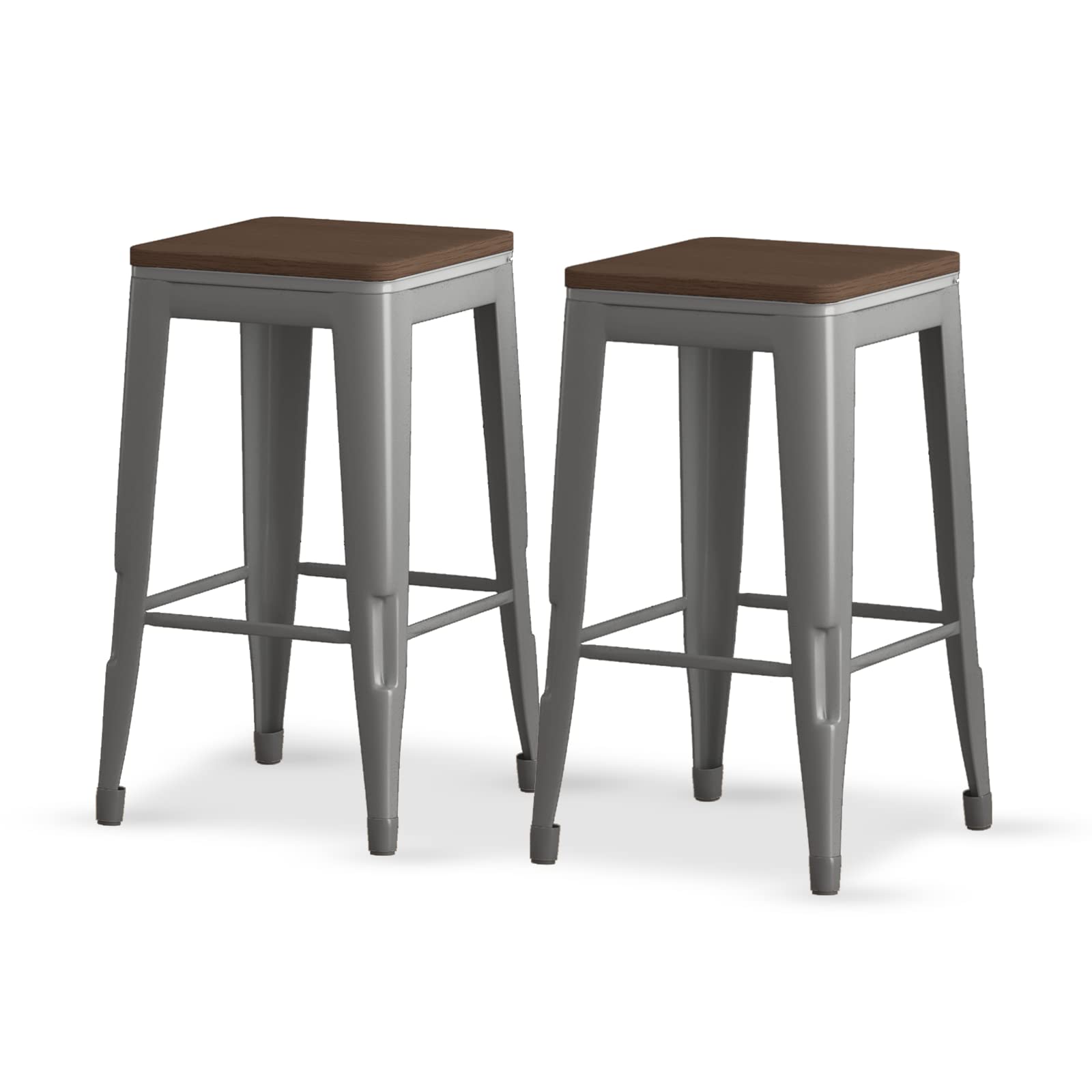 ZAFLY Metal Backless Bar Stool with Wood Seat Industrial Style Counter Height Barstool Indoor Outdoor Stackable Bar Chair, Set of 4, 330lbs Weight Capacity