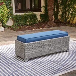 Signature Design by Ashley Naples Beach Casual Outdoor Bench with Cushion, Light Gray & Blue