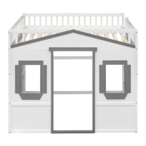 Harper & Bright Designs Full Size House Loft Bed for Kids, Wood Full Loft Bed with Door and Windows House Design, Playhouse Bed Full with Underbed Space for Girls Boys Bedroom, White +Grey