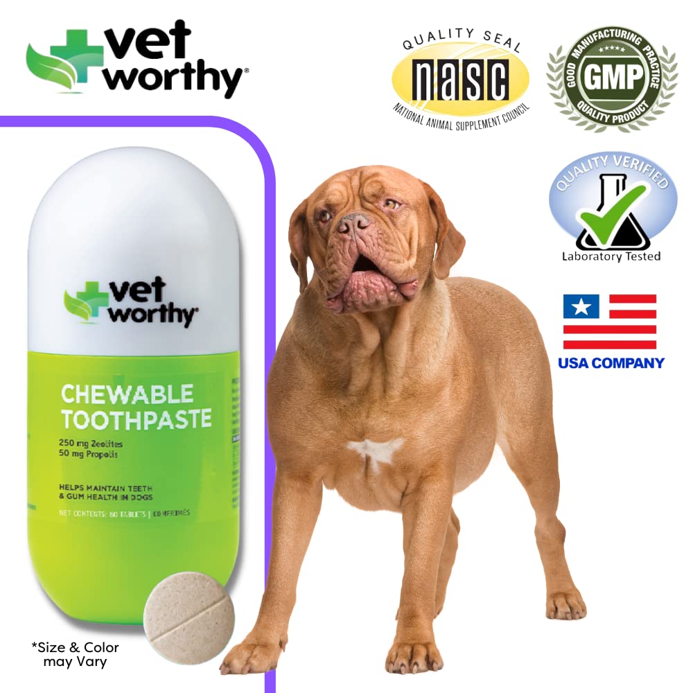 Vet Worthy Chewable Toothpaste - Dog Teeth Cleaning Chews with Propolis & Zeolites - Toothpaste for Dogs - Dog Tartar Remover for Teeth & Dog Chews for Cleaning Teeth - 60ct (Chicken Liver)