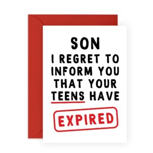 central 23 son birthday cards from mom dad parents - your teens have expired - 20th birthday card for him - age twenty - funny birthday card for him - comes with stickers