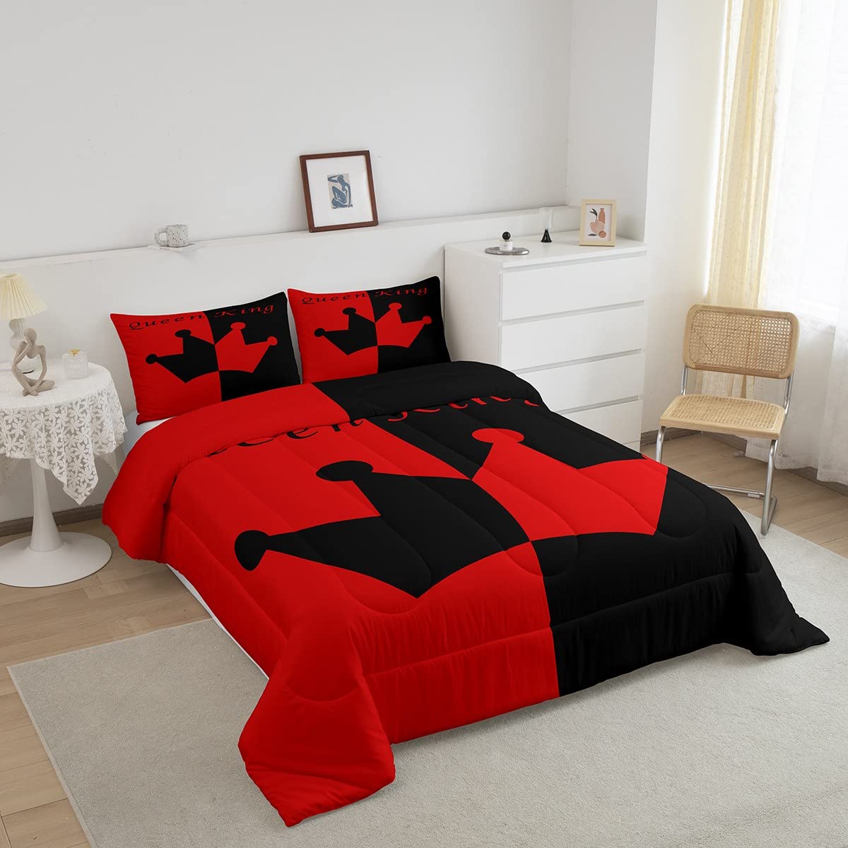 Crown Queen And King Comforter Soft Quilt Set,His And Hers Matching Couple Bedding Set for Girls Boys Teens, Romantic Valentine'S Day Black And Red Comforter Set Bedroom Collection 3Pcs King Size