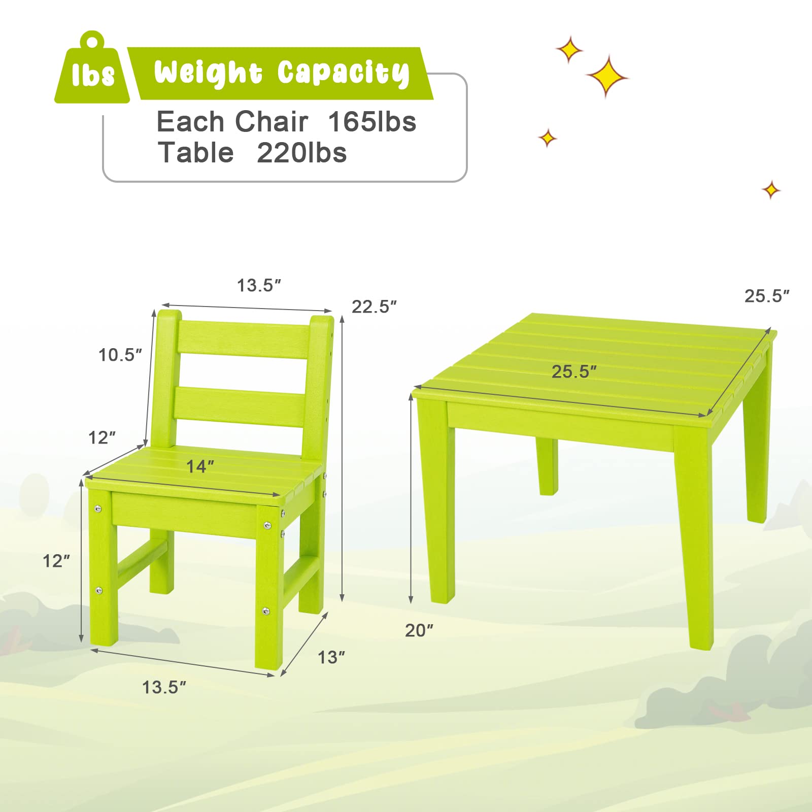 Costzon Kids Table and Chair Set, 3 Piece All-Weather Activity Table for Indoor & Outdoor, Heavy-Duty & Waterproof Furniture Set for Playroom, Nursery, Backyard, Toddler Table and Chair Set (Green)