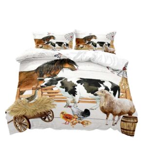 LUVIVIHOME 3PCS Horse Duvet Cover Full Bedding Set, White Duvet Cover, Sheep Chicken Cow Print Bedding, Rustic Farmhouse Bedding, Country Farm Animal Comforter Bedspread Quilt Cover, 2 Pillow Shams