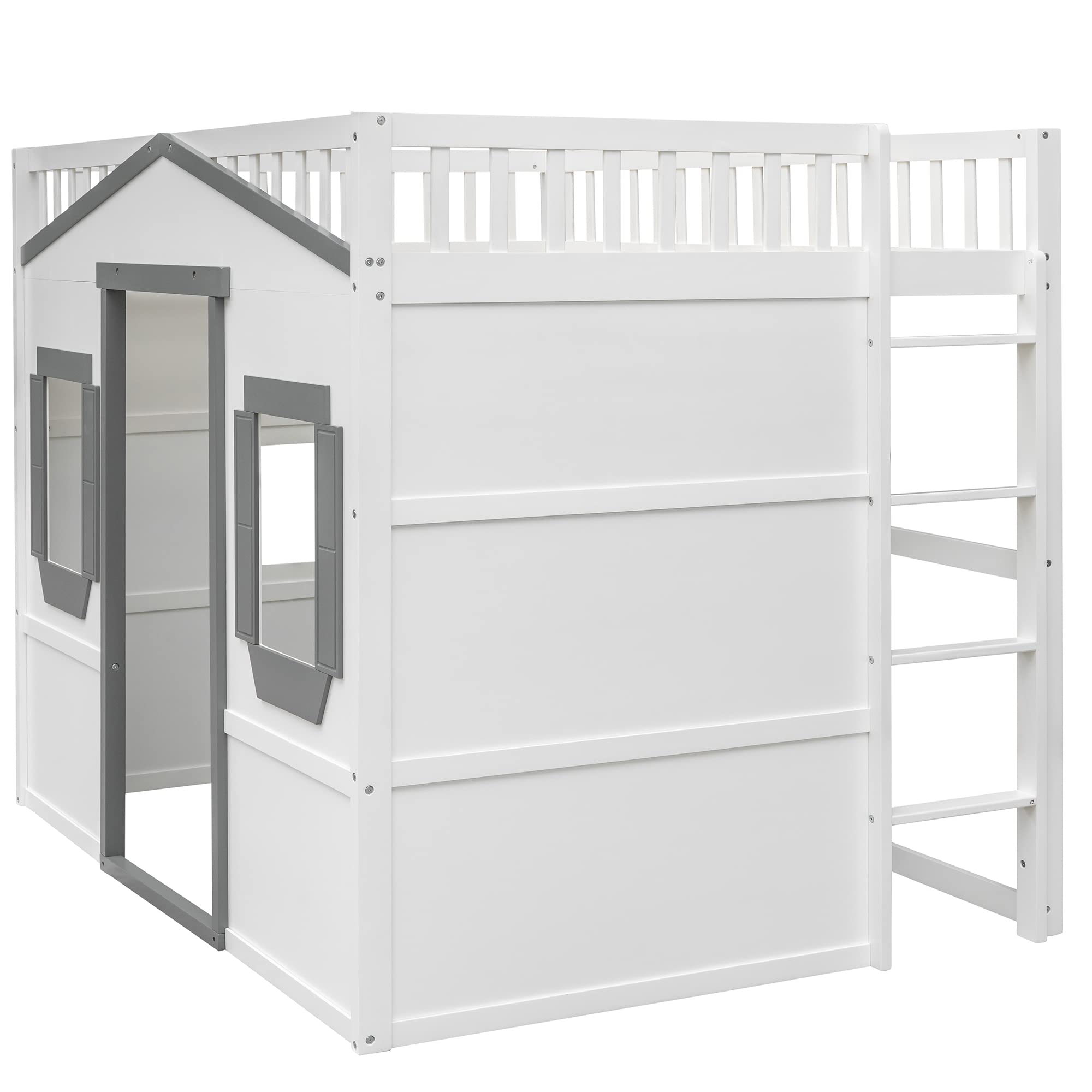 Harper & Bright Designs Full Size House Loft Bed for Kids, Wood Full Loft Bed with Door and Windows House Design, Playhouse Bed Full with Underbed Space for Girls Boys Bedroom, White +Grey