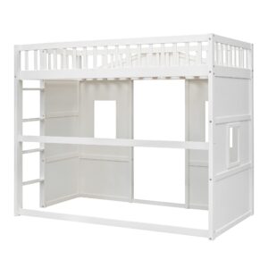 Merax Twin Size Wood Loft Bed, House Bed Frame with Ladder and Safety Guardrails for Kids, No Box Spring Needed, White