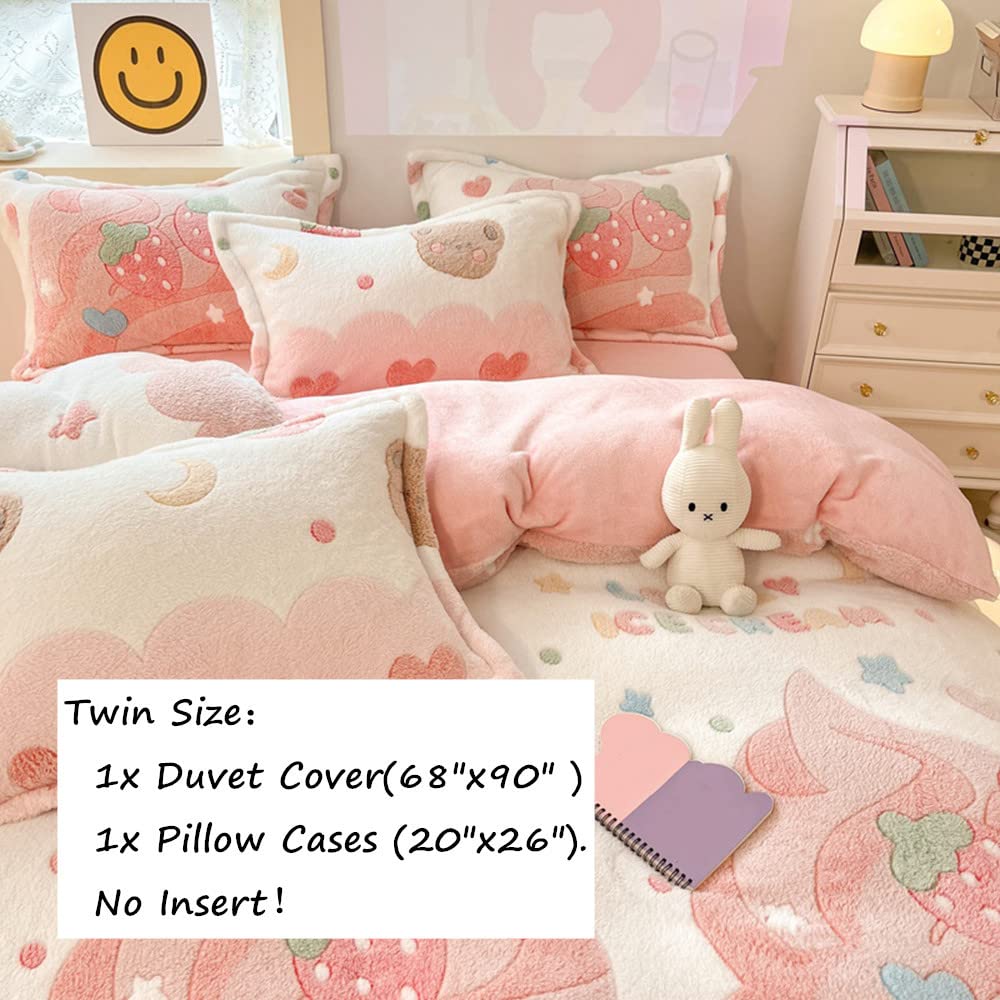 CinYana Pink Strawberry Duvet Cover Set Fluffy Kawaii Cartoon Comforter Cover Soft Kids Twin Size Bedding Set (Strawberry)