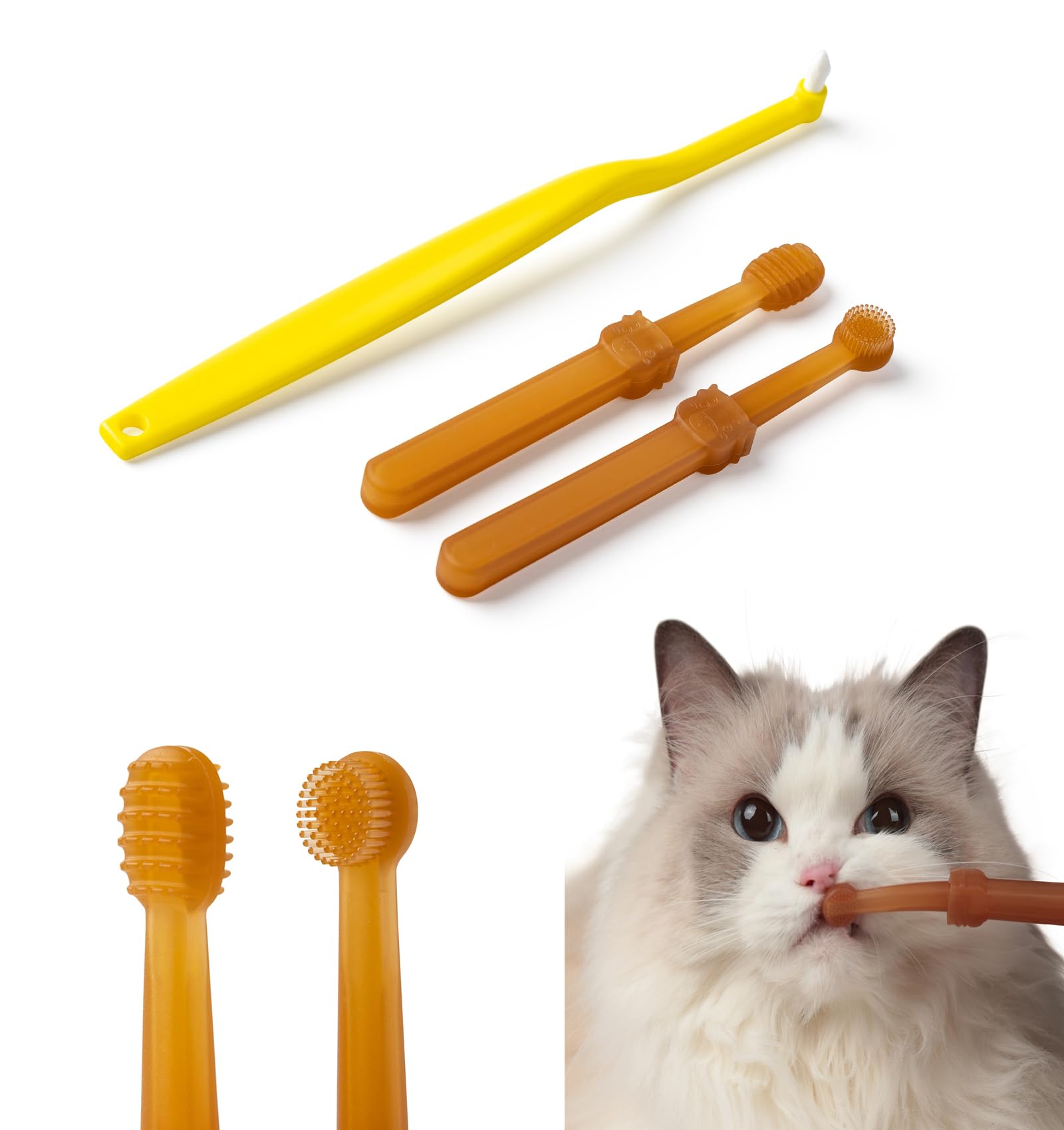 E.M&S.T by Emmeliestella Small Dog & Cat Toothbrush Micro Head, Cat Dental Care, Pets Toothbrush, Oral Hygiene, Easy to Handle, Deep Clean, Soft Bristles, Easy to Handle, Brown & Yellow 3PCS