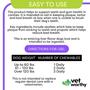 Vet Worthy Chewable Toothpaste - Dog Teeth Cleaning Chews with Propolis & Zeolites - Toothpaste for Dogs - Dog Tartar Remover for Teeth & Dog Chews for Cleaning Teeth - 60ct (Chicken Liver)