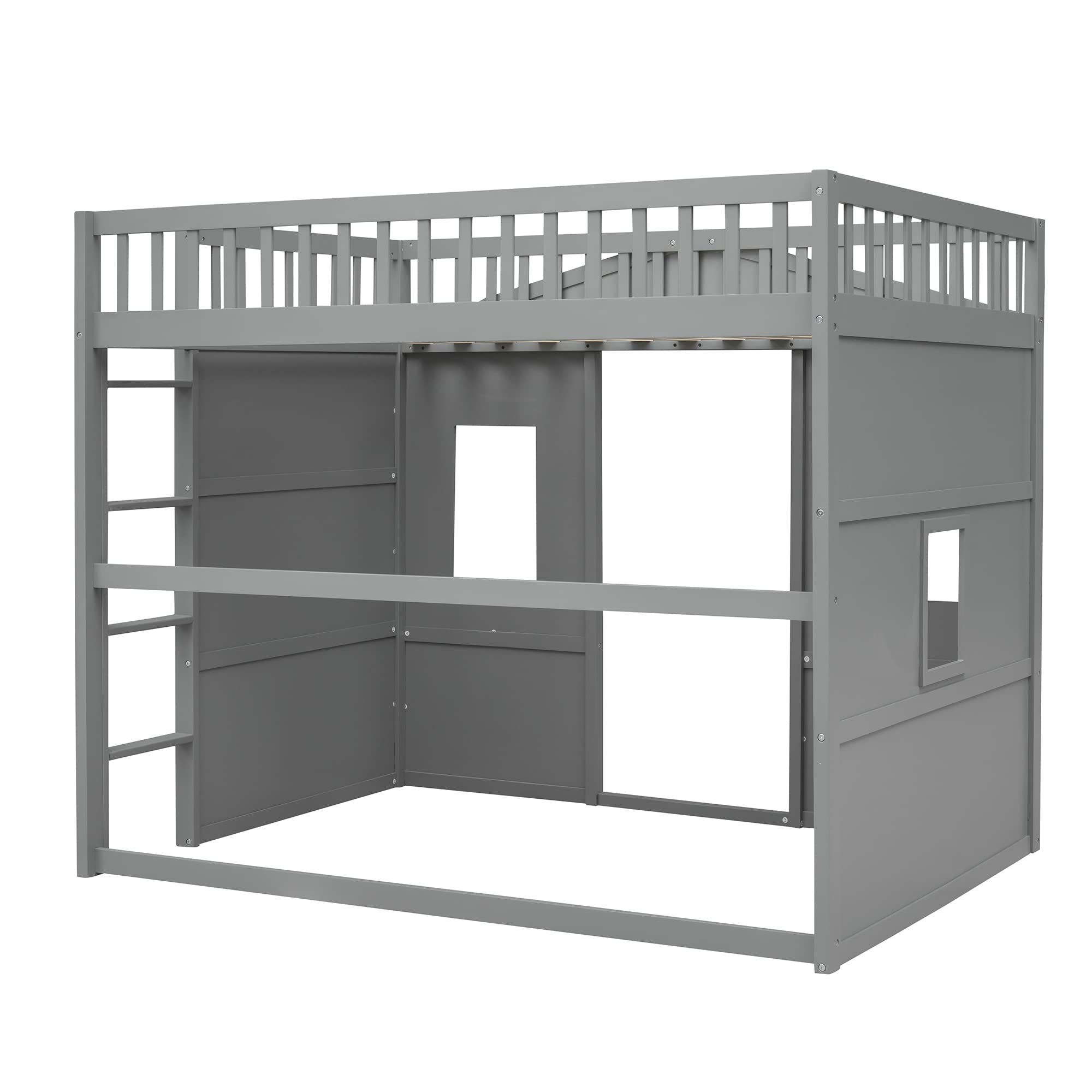 Harper & Bright Designs Full Size House Loft Bed for Kids, Wood Full Loft Bed with Door and Windows House Design, Playhouse Bed Full with Underbed Space for Girls Boys Bedroom, Grey