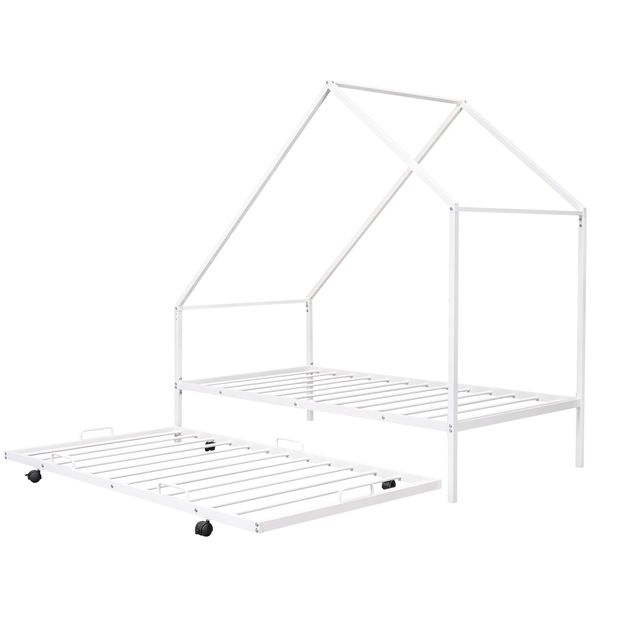 Metal House Bed with Trundle, Montessori Bed Twin Size Platform Bed Frame with Roof, Tent Bed, Modern Style Heavy-Duty Steel Frame Playhouse Bed for Kids Teens Girls Boys (Twin, White)