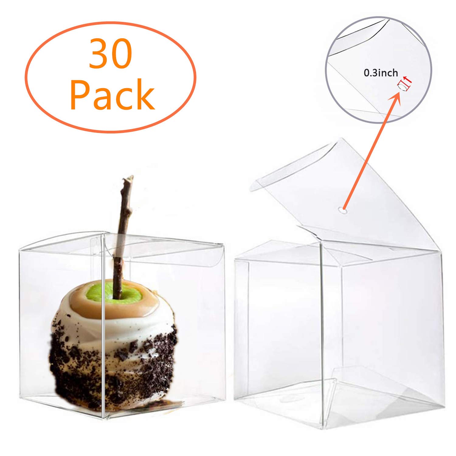 Bakbania 30 Pieces Candy Apple Boxes with Hole Top PET Clear Gift Boxes 4" x 4" x 4" Clear Favor Boxes for Caramel Apples,Ornaments, Treats, Party Favors