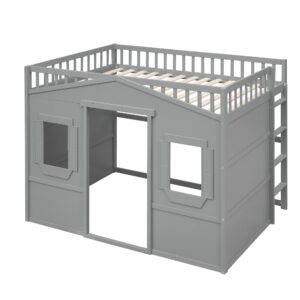 House Loft Bed Twin Loft Beds Solid Wood Frame with Window and Wall Fun Playhouse Bed with Ladder for Kids Boys Girls Teens, Twin Size, Gray