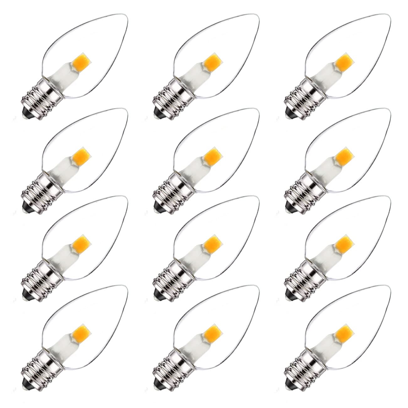 Jslinter 12-Pack C7 LED Night Light Bulb, Candelabra Light Bulbs E12 Base, 0.6 Watt Equivalent 7W Incandescent, 2700K Clear Warm White, Window Candles, Chandeliers, String Light Replacement Bulb