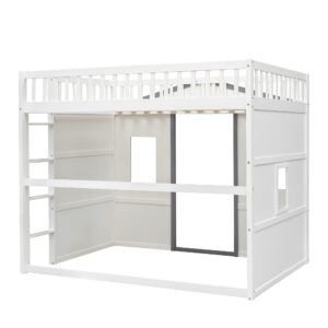 Harper & Bright Designs Full Size House Loft Bed for Kids, Wood Full Loft Bed with Door and Windows House Design, Playhouse Bed Full with Underbed Space for Girls Boys Bedroom, White +Grey