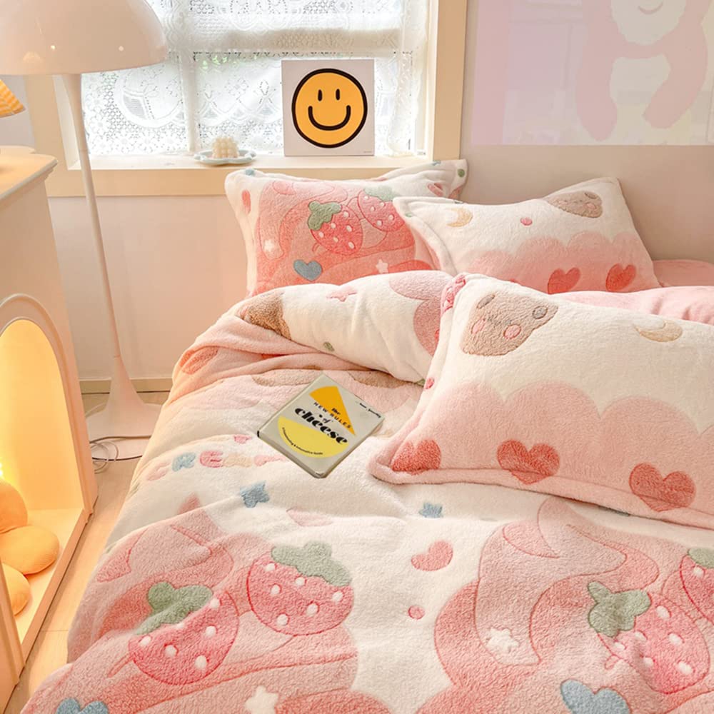 CinYana Pink Strawberry Duvet Cover Set Fluffy Kawaii Cartoon Comforter Cover Soft Kids Twin Size Bedding Set (Strawberry)