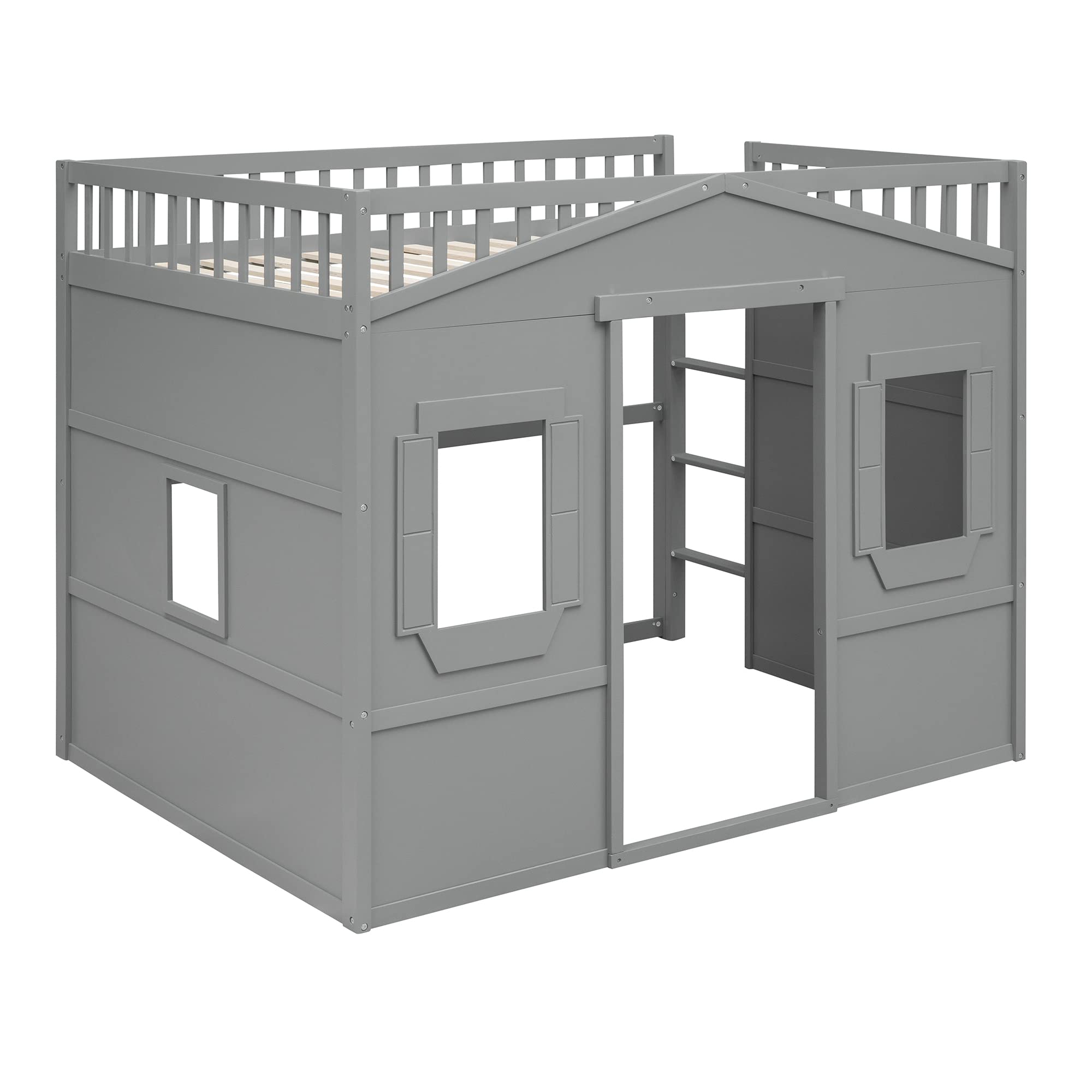 House Loft Bed Twin Loft Beds Solid Wood Frame with Window and Wall Fun Playhouse Bed with Ladder for Kids Boys Girls Teens, Twin Size, Gray